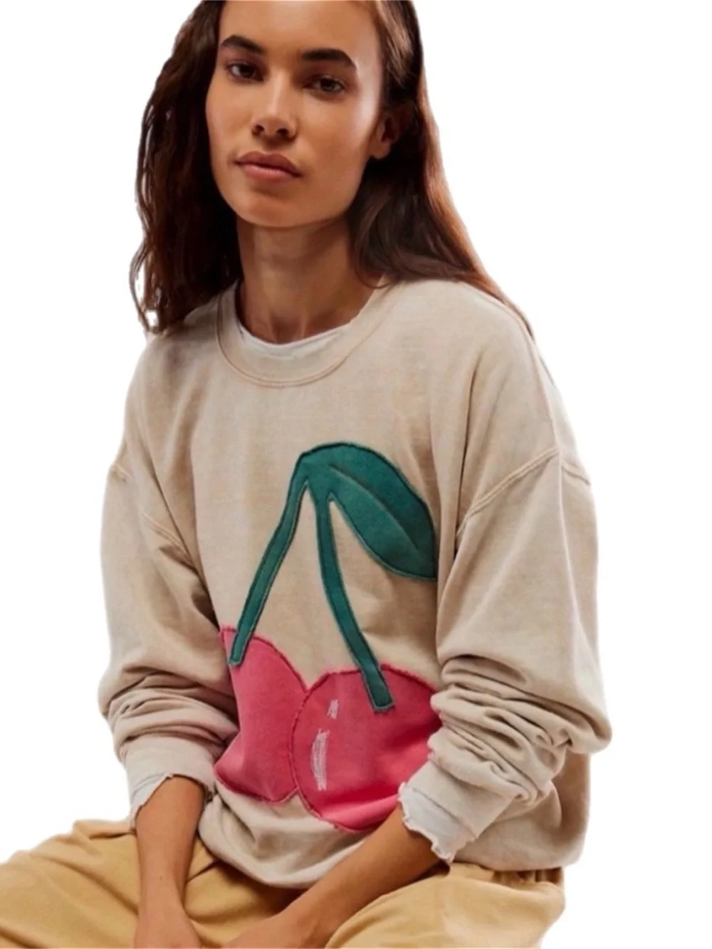 Free People Tricia Fix Fruit Crew Size Small Sand Cherry Combo NWOT